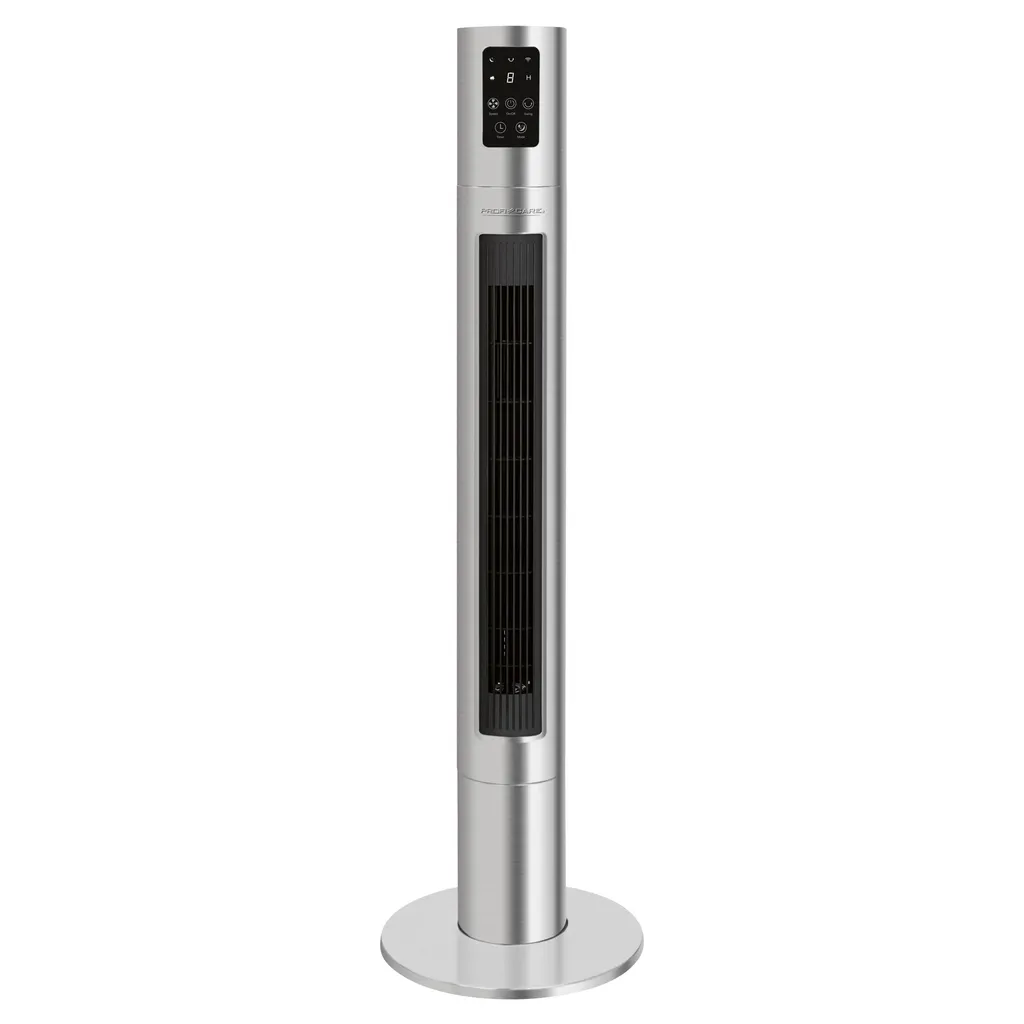 ProfiCare PC-TVL 3090 Tower-Ventilator, Longlife-Profi-Motor, 75° oszillierend, VoiceControl und WiFi-Steuerung, Edelstahl, 6 Geschwindigkeitsstufen, inox-schwarz / Alexa / Google Assistant / App Steuerung